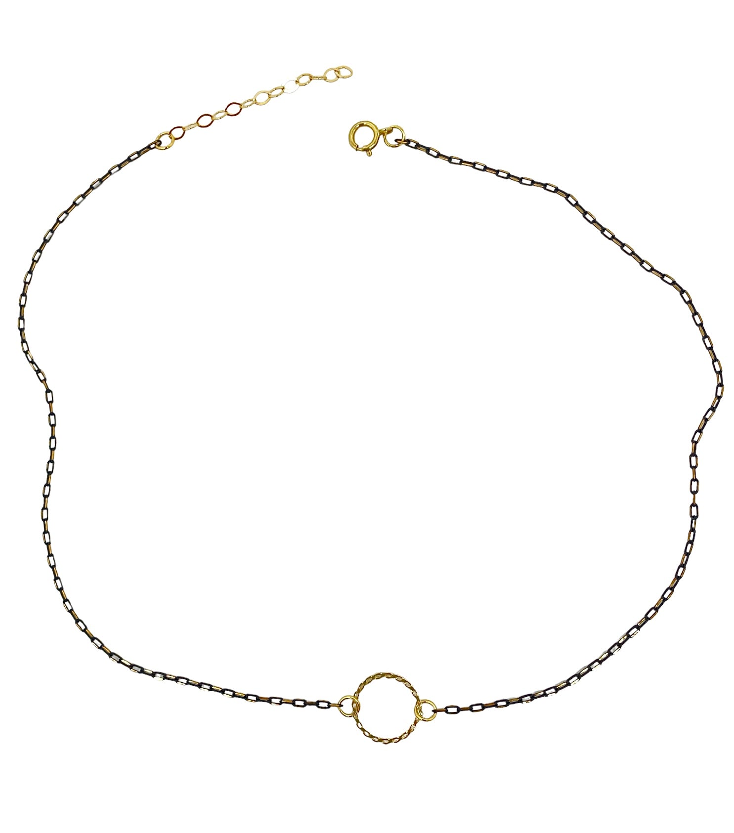 Dainty open circle choker necklace on black chain, perfect for layering.