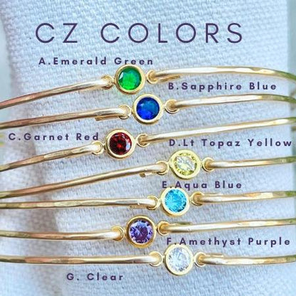 Cz Dainty birthstone bangle featuring the perfect for birthday gift for mom. 14K Gold Filled High Quality Bangle.