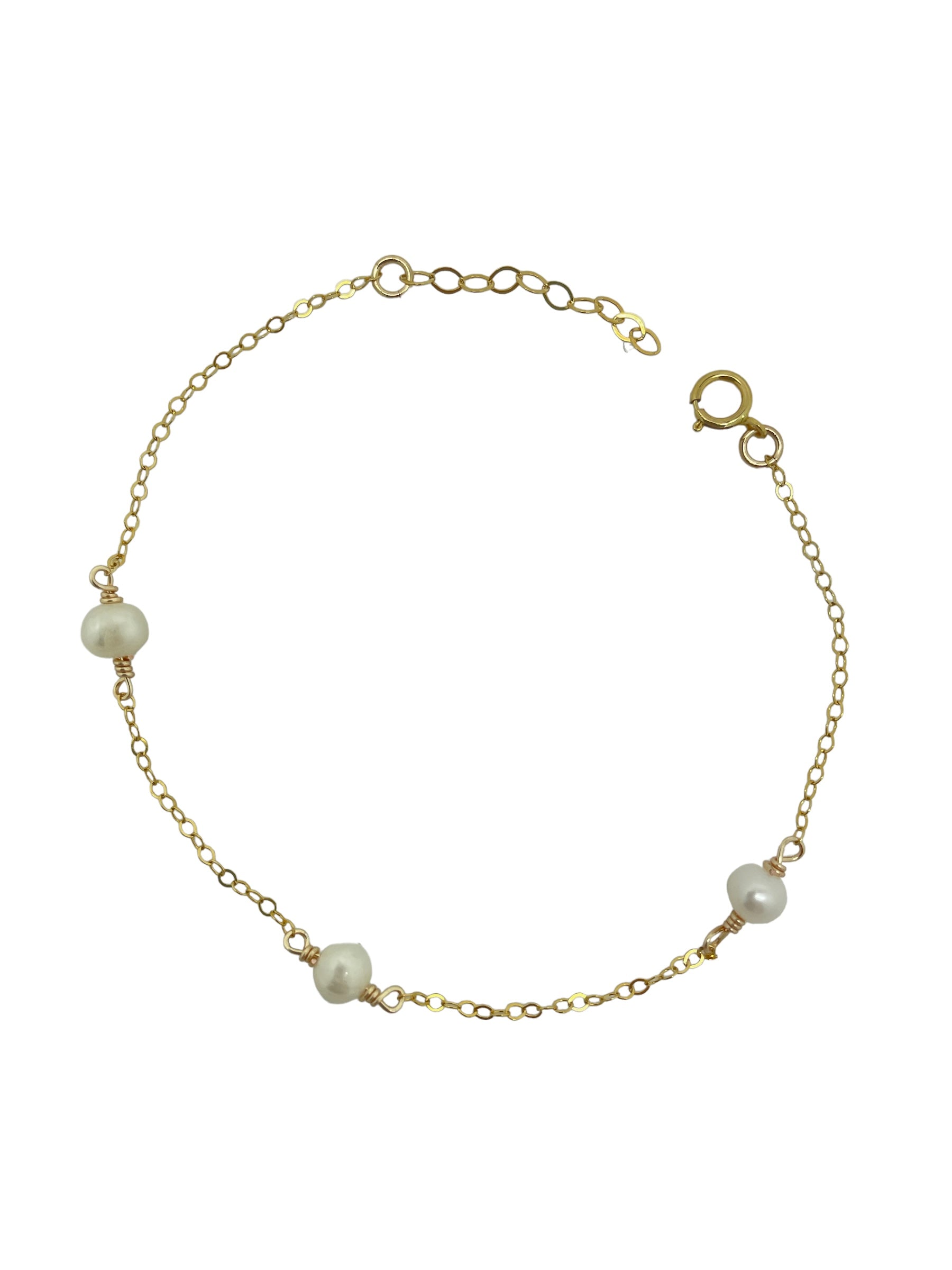 gold filled cable chain with 3 pearls wire wrapped to delicate chain, pearls are about 5mm, spring ring closure, 1 inch adjustable extender, on white background