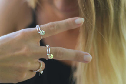 L.A.Osborn Adjustable Personalized Silver Charm Ring  Stacked on three fingers to show stacking looks