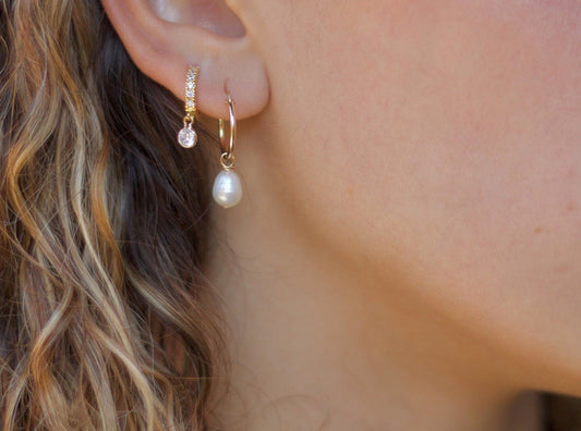 14mm 14k gold filled huggie hoops, with 8mm freshwater pearl dangle drops suspended from hoops
